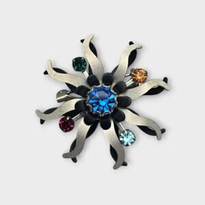 Atomic Starburst Brooch Mid Century Rhinestone Pin Silver Black Vintage Retro